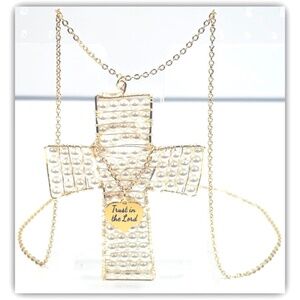 Handmade Swarovski Crystals Pearls Cross Long Necklace "Trust in the Lord"